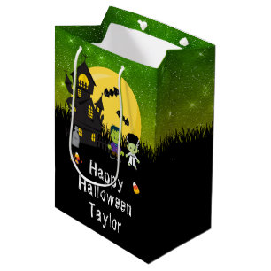 Sac Cadeau Moyen Joyeux Monstres de fête d'Halloween Vert foncé