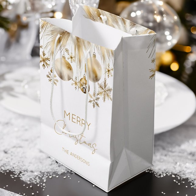 Sac Cadeau Moyen Joyeux Noël blanc boho baubles (Merry Christmas white gold boho metallic baubles  snowflakes pampas grass personalized Gift Bag)