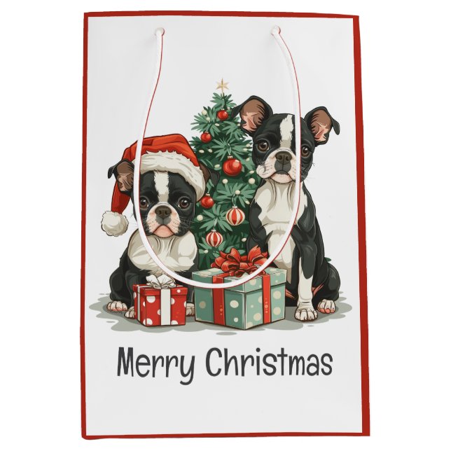 Sac Cadeau Moyen Joyeux Noël Boston Terrier Chiens (Devant)