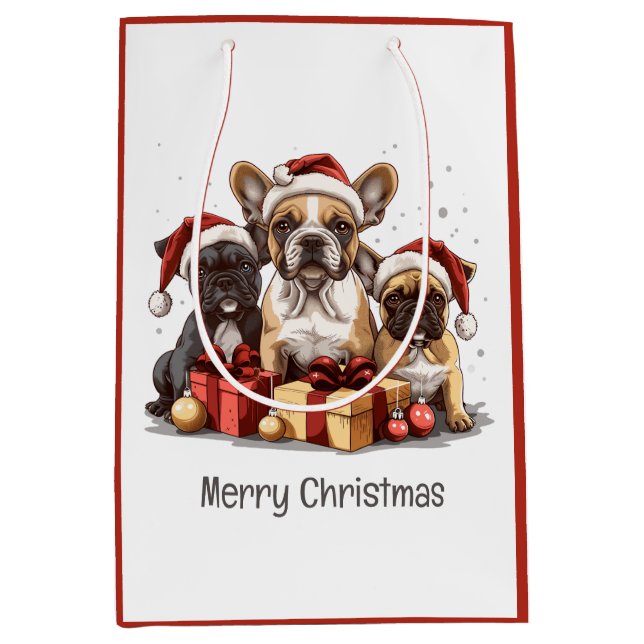 Sac Cadeau Moyen Joyeux Noël Bulldogs français Santa Hat (Devant)