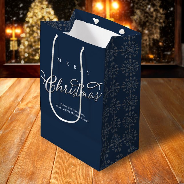 Sac Cadeau Moyen Joyeux Noël Calligraphie Marine Blue Snowflake (Merry Christmas holiday snowflake pattern silver calligraphy script gift bag)
