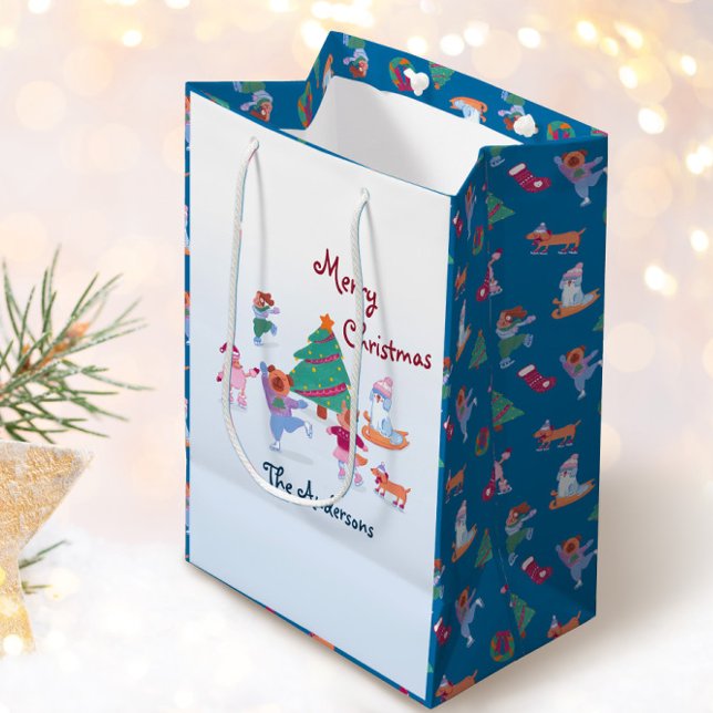 Sac Cadeau Moyen Joyeux Noël Chien Ice Patinage Nom Bleu (Créateur téléchargé)