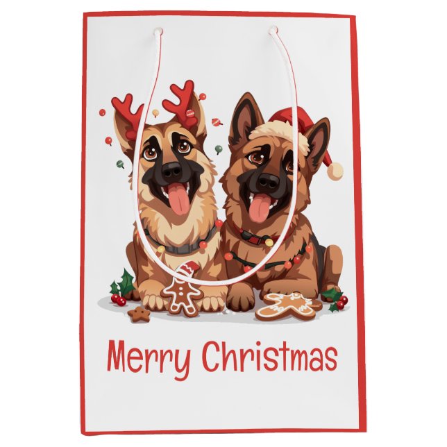 Sac Cadeau Moyen Joyeux Noël Chiens bergers allemands (Devant)