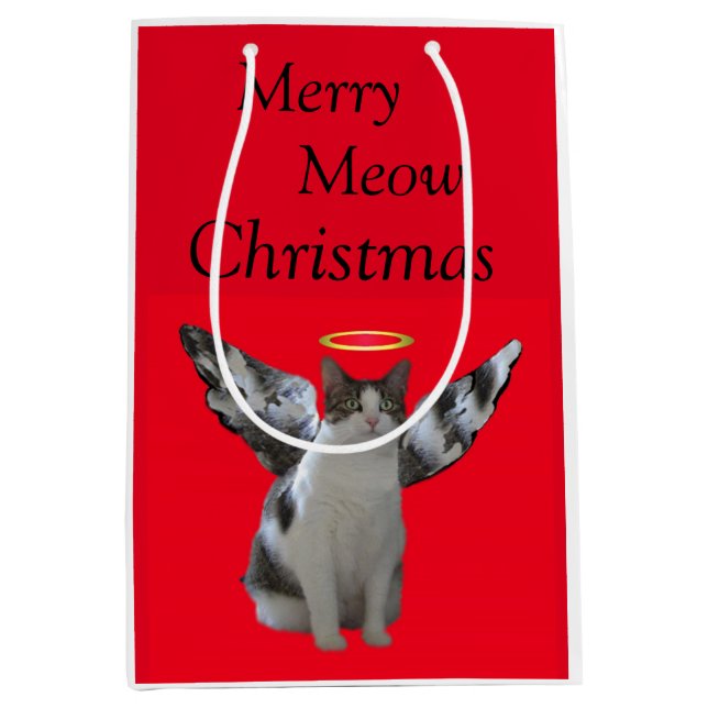Sac Cadeau Moyen Joyeux Noël d'ange de chat (Devant)