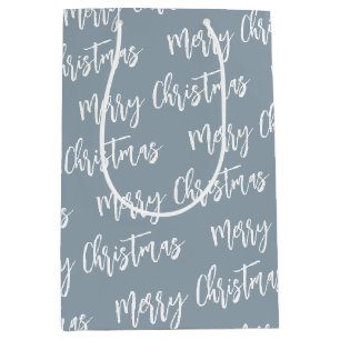 Sac Cadeau Moyen Joyeux Noël Dusty Bleu Élégant Motif Script