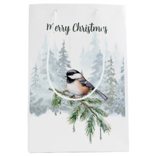 Sac Cadeau Moyen Joyeux Noël Épinette d'hiver Mésange