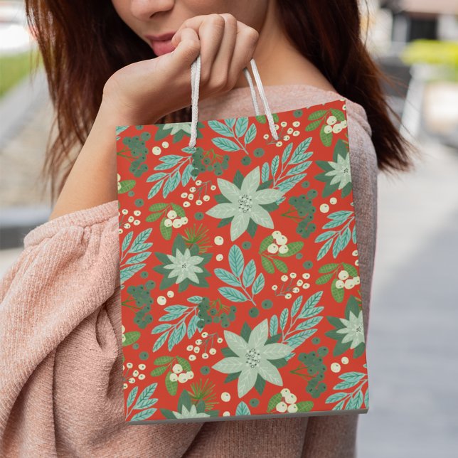 Sac Cadeau Moyen Joyeux Noël fleuri rouge moderne gras (Modern Bold Red Floral Merry Christmas Medium Gift Bag)