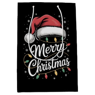 Sac Cadeau Moyen Joyeux Noël Lumières Chapeau de Père Noël Noël Fam
