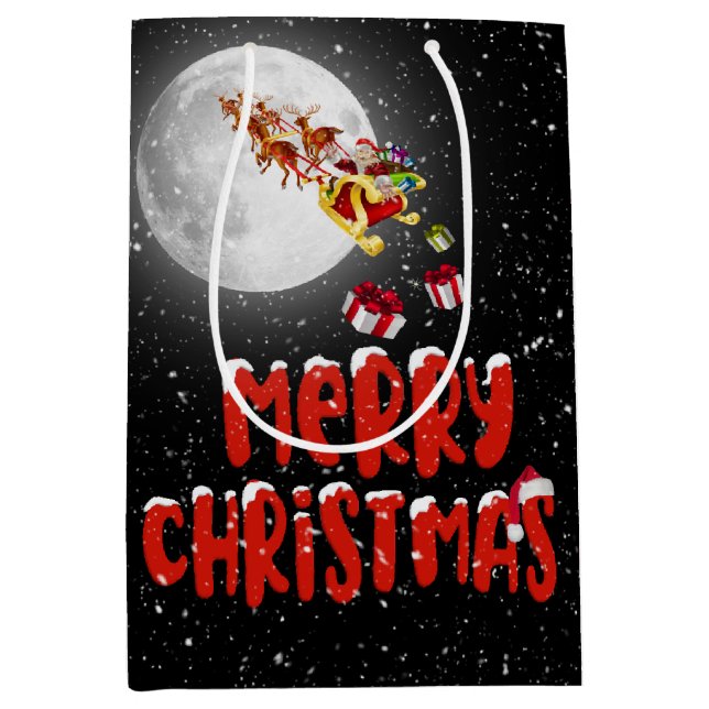 Sac Cadeau Moyen Joyeux Noël Père Noël et Lune (Devant)
