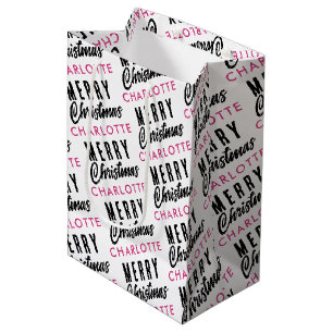 Sac Cadeau Moyen Joyeux Noël personnalisé Nom rose tendance
