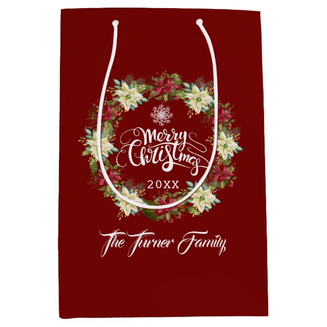 Sac Cadeau Moyen Joyeux Noël Poinsettia Monogram Noël (Devant)