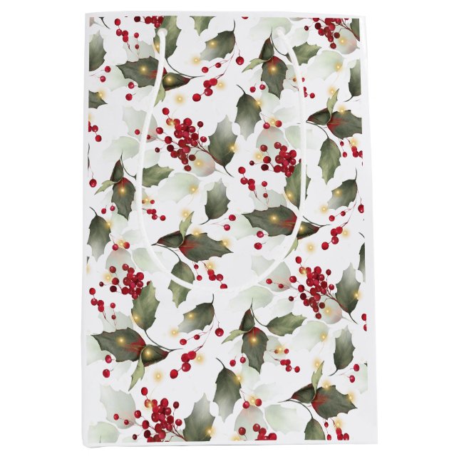 Sac Cadeau Moyen Joyeux Noël Red Holly Berries Gold Lights (Devant)
