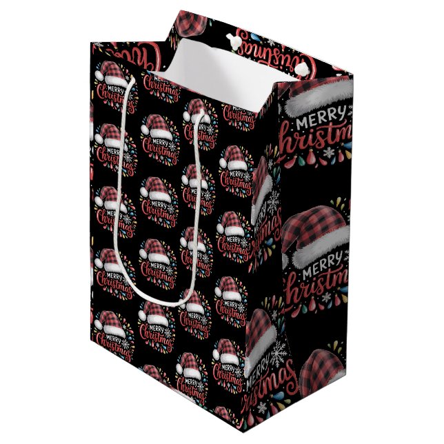 Sac Cadeau Moyen Joyeux Noël Reindeer Xmas Famille Rouge Plaid (Devant Angle)