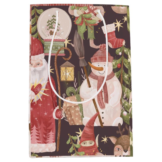 Sac Cadeau Moyen Joyeux Noël rétro Vintage Père Noël (Devant)