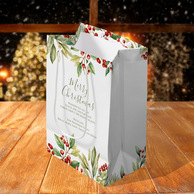 Sac Cadeau Moyen Joyeux Noël Rouge Holly Greenery Custom (Merry Christmas holiday custom gift bag Medium)