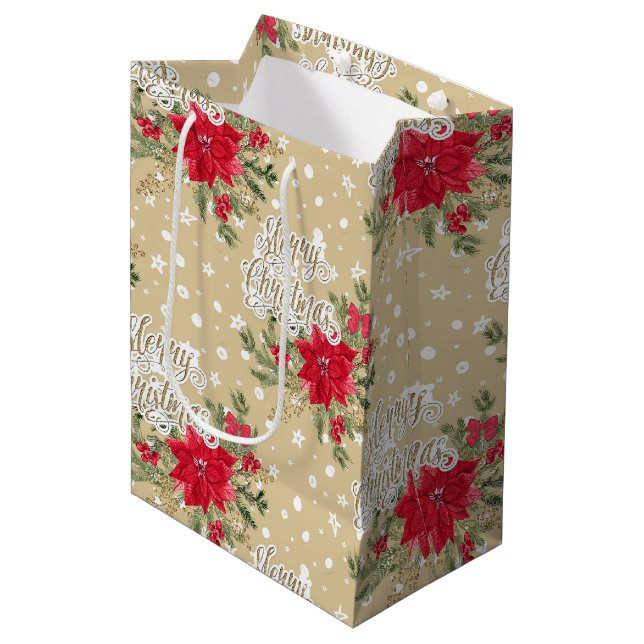 Sac Cadeau Moyen Joyeux Noël Rouge Poinsettia (Devant Angle)