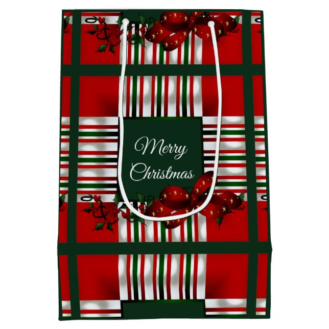 Sac Cadeau Moyen Joyeux Noël Rouge Vert Plaid (Dos)