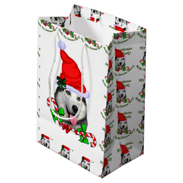 Sac Cadeau Moyen Joyeux Noël Sibérien Husky (Dos Angle)