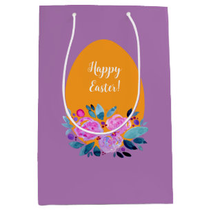 Sac Cadeau Moyen Joyeux oeuf floral de Pâques aquarelle