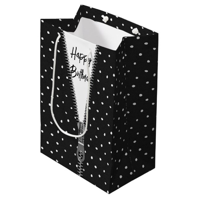 Sac Cadeau Moyen Joyeux Pois d'anniversaire avec Zipper (Devant Angle)