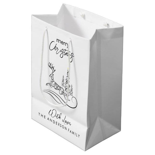 Sac Cadeau Moyen Joyeux sapin de Noël et renne (Devant Angle)