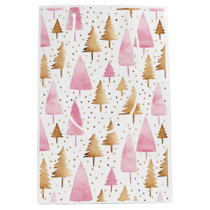 Sac Cadeau Moyen Joyeux sapin rose or Noël
