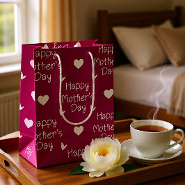 Sac Cadeau Moyen Joyeux script rose foncé de la fête des mères