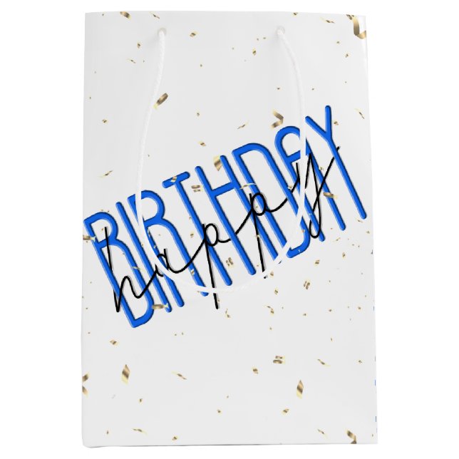 Sac Cadeau Moyen Joyeux texte d'anniversaire avec Gold Confetti (Devant)