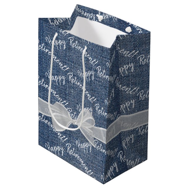 Sac Cadeau Moyen Joyeux Texte De Retraite Sur Denim (Devant Angle)