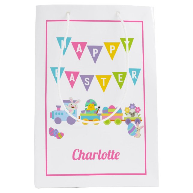 Sac Cadeau Moyen Joyeux Train Bunny Pâques rose Moyen (Devant)