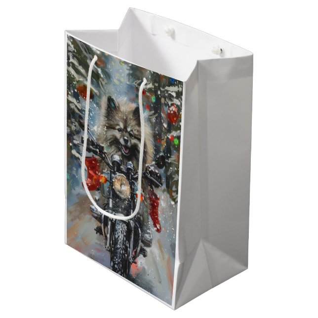Sac Cadeau Moyen Keeshond chien équitation moto Noël (Devant Angle)