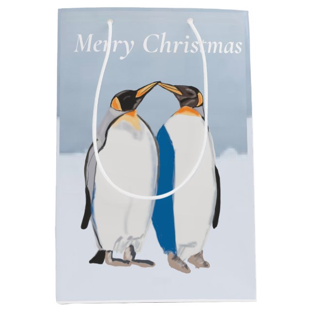 Sac Cadeau Moyen King Penguin Pair embrasser Noël (Devant)