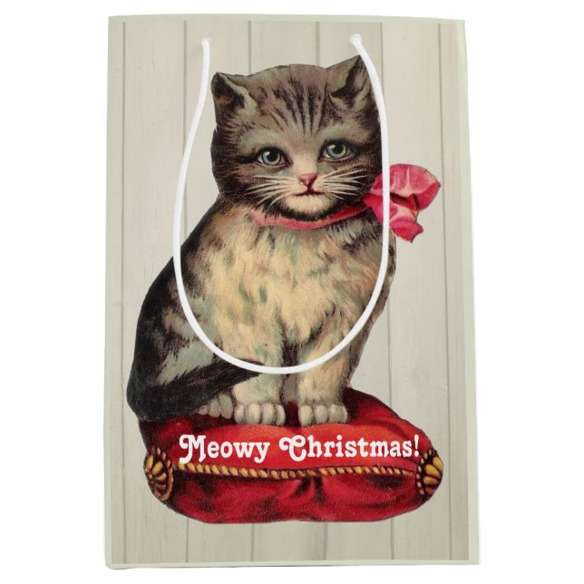 Sac Cadeau Moyen Kitten de Noël assis avec un cou rouge (Devant)