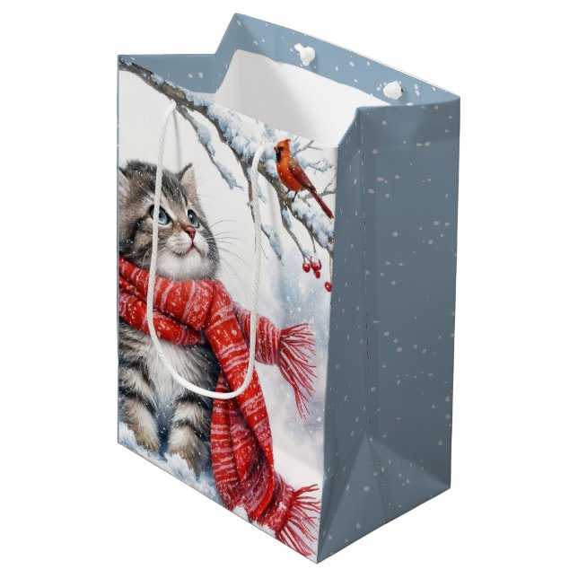 Sac Cadeau Moyen Kitten de Noël Avec Cardinal Rouge (Devant Angle)