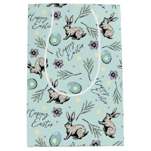 Sac Cadeau Moyen Lapin de Pâques et Oeufs Bleus