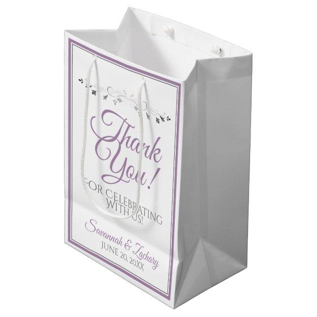 Sac Cadeau Moyen Lavande violet et Merci Mariage gris (Devant Angle)