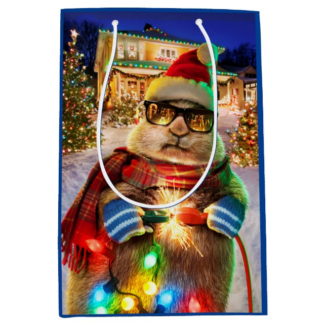Sac Cadeau Moyen Le Chien des Prairies aux lumières de Noël (Devant)
