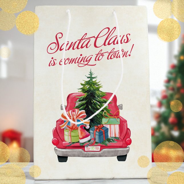 Sac Cadeau Moyen Le Père Noël arrive à Town Red Truck (Santa Claus is Coming to Town Red Truck Medium Gift Bag)