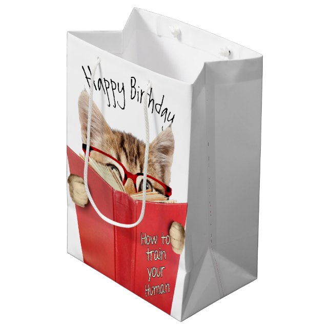 Sac Cadeau Moyen Lecture de chat Livre rouge Anniversaire (Devant Angle)