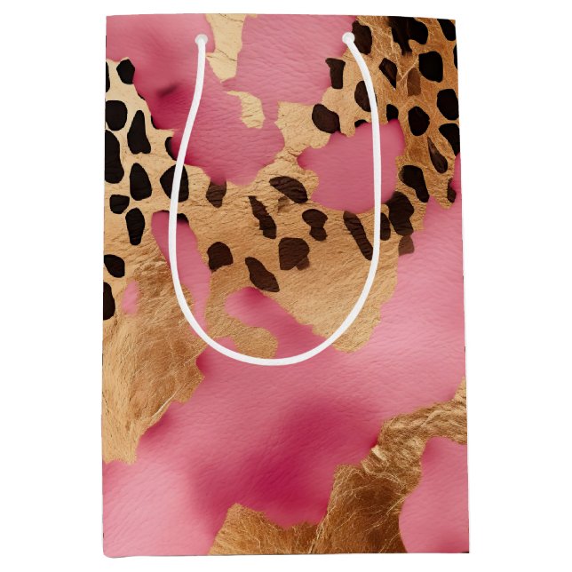 Sac Cadeau Moyen Léopard doré rose (Devant)