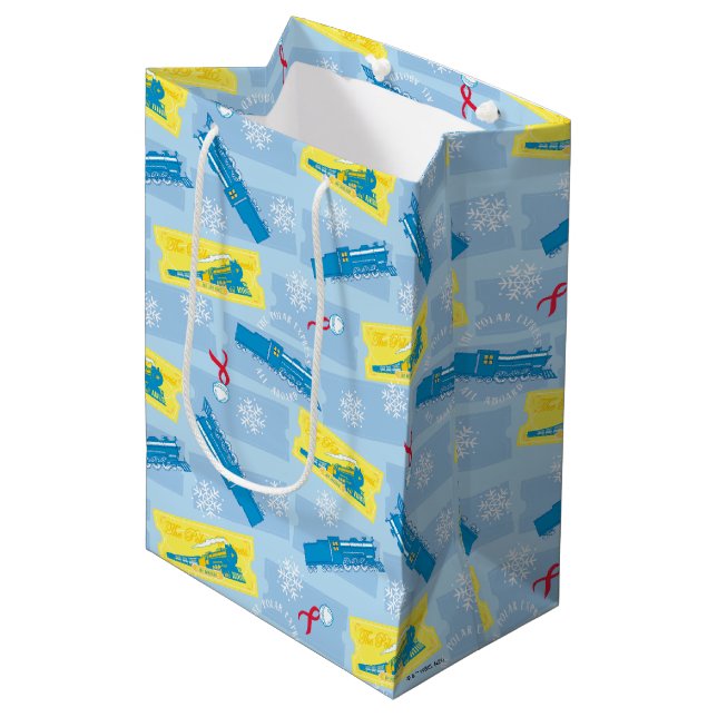 Sac Cadeau Moyen L'Express polaire | Retro Train & Ticket Motif (Devant Angle)