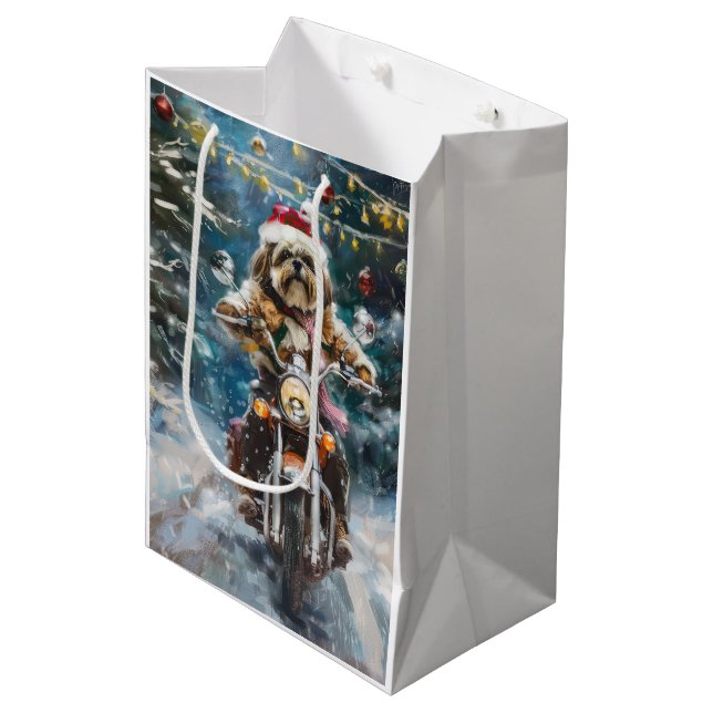 Sac Cadeau Moyen Lhasa Apso Chien à cheval Moto Noël (Devant Angle)