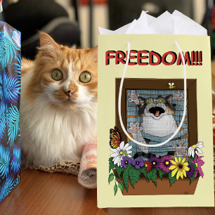 Sac Cadeau Moyen Liberté Évasion Drôle Chat Jaune Floral Fenêtre