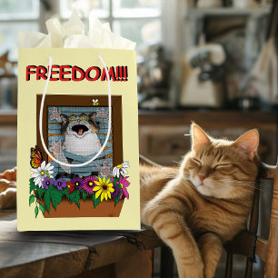 Sac Cadeau Moyen Liberté Évasion Drôle Chat Jaune Floral Fenêtre