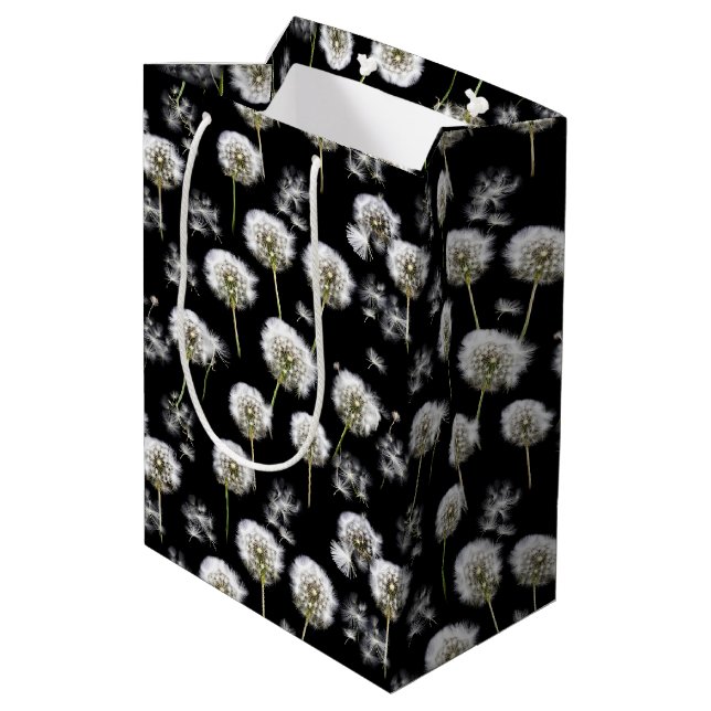 Sac Cadeau Moyen Liquide blanc Dandelion sur noir (Dos Angle)