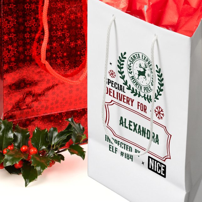 Sac Cadeau Moyen Livraison père Noël Express Pour (Nom Personnalisé (Personalized Santa's Express Special Delivery gift bag will add a touch of magic to your gift giving)