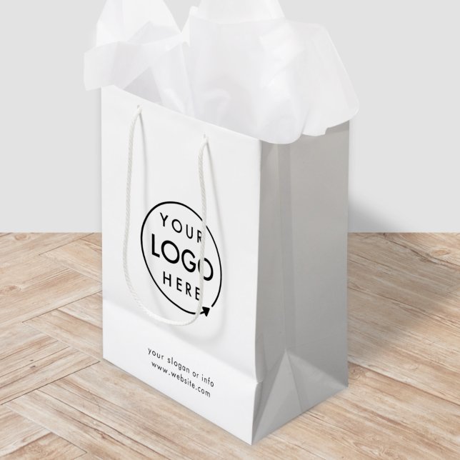 Sac Cadeau Moyen Logo | Business modern (Minimalist white company branded gift bags for small business gifting, packaging & brand promotion.)