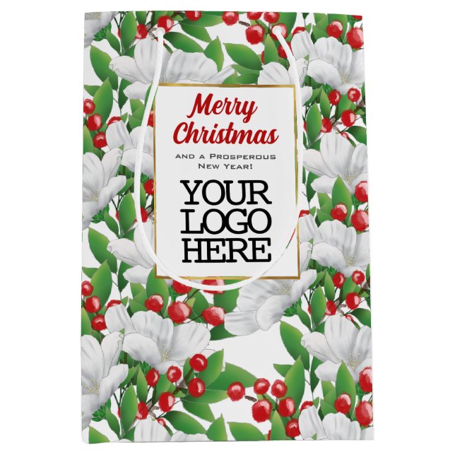 Sac Cadeau Moyen Logo d'entreprise Élégant Floral Joyeux Noël (Devant)