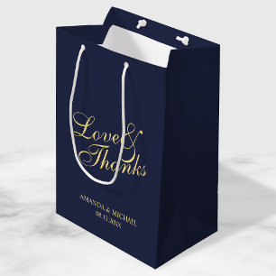 Sac Cadeau Moyen 'Love & Thanks' Marine & Gold Elegant Wedding Favo