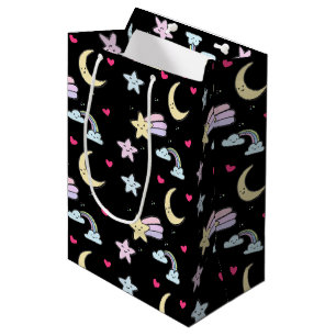 Sac Cadeau Moyen Lune lunaire, étoiles et nuages Motif sur noir